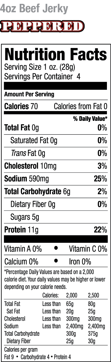 Old Trapper Peppered Jerky | 1/4 lb Nutrition Panel